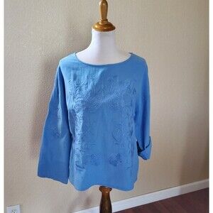Soft Surroundings Embroidered Boxy Gauze Long Sleeve Tunic Top XS New Blue